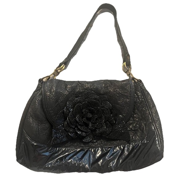 RARE Mary Frances Vintage Patent Pebbled Leather with Patent Beaded Rose Closure - Picture 1 of 9